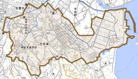 字田場とその周辺の地図。町の範囲を重ねている