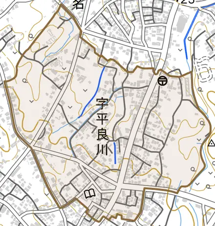 字平良川とその周辺の地図。町の範囲を重ねている