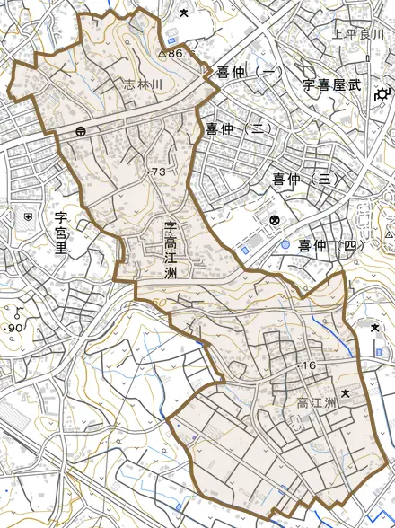 字高江洲とその周辺の地図。町の範囲を重ねている