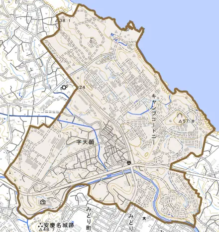 字天願とその周辺の地図。町の範囲を重ねている
