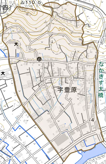 字豊原とその周辺の地図。町の範囲を重ねている