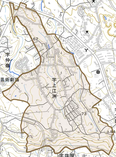 字上江洲とその周辺の地図。町の範囲を重ねている