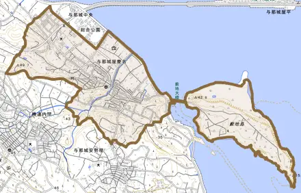 与那城屋慶名とその周辺の地図。町の範囲を重ねている