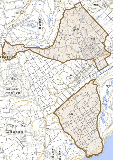 字安里とその周辺の地図。町の範囲を重ねている
