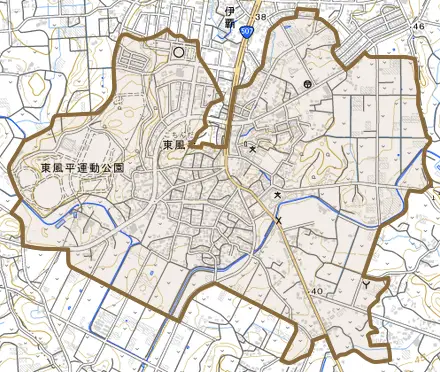 字東風平とその周辺の地図。町の範囲を重ねている