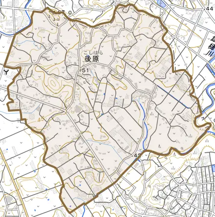 字後原とその周辺の地図。町の範囲を重ねている