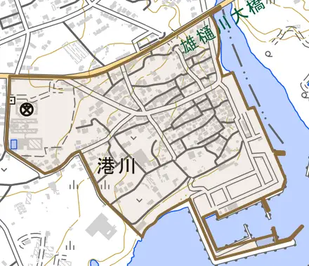 字港川とその周辺の地図。町の範囲を重ねている