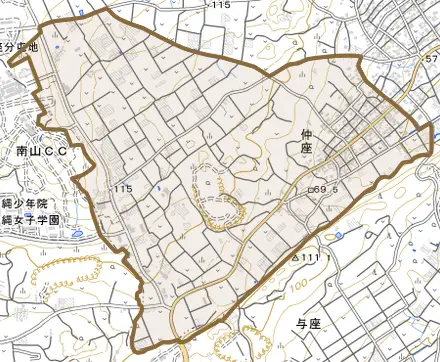 字仲座とその周辺の地図。町の範囲を重ねている
