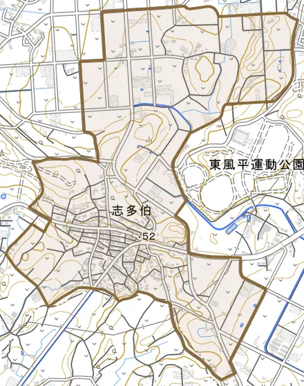 字志多伯とその周辺の地図。町の範囲を重ねている