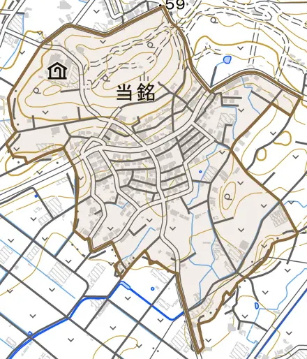 字当銘とその周辺の地図。町の範囲を重ねている