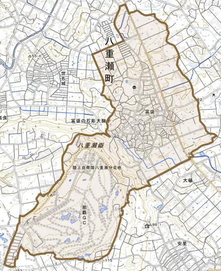 字富盛とその周辺の地図。町の範囲を重ねている