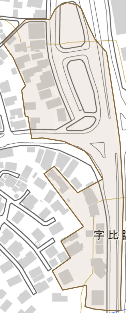 字比謝矼とその周辺の地図。町の範囲を重ねている