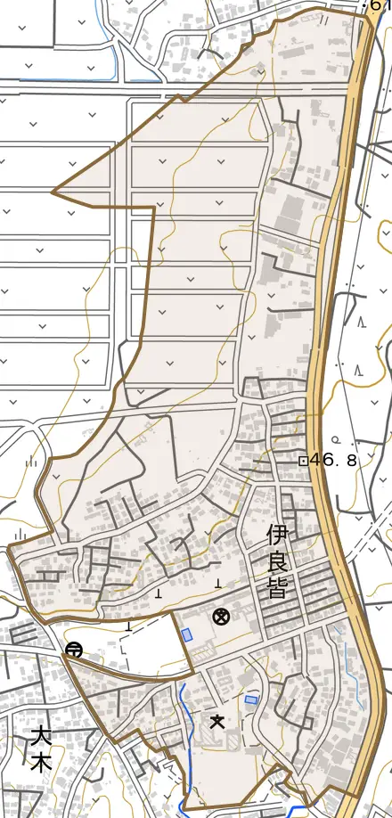 字伊良皆とその周辺の地図。町の範囲を重ねている