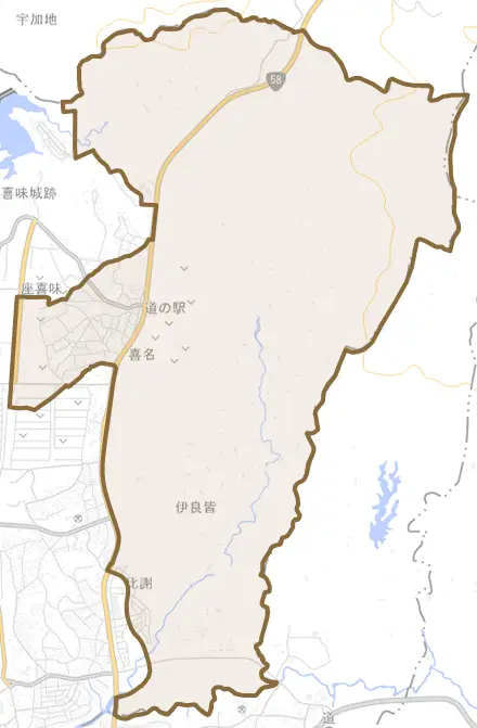 字喜名とその周辺の地図。町の範囲を重ねている