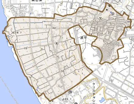 字波平とその周辺の地図。町の範囲を重ねている