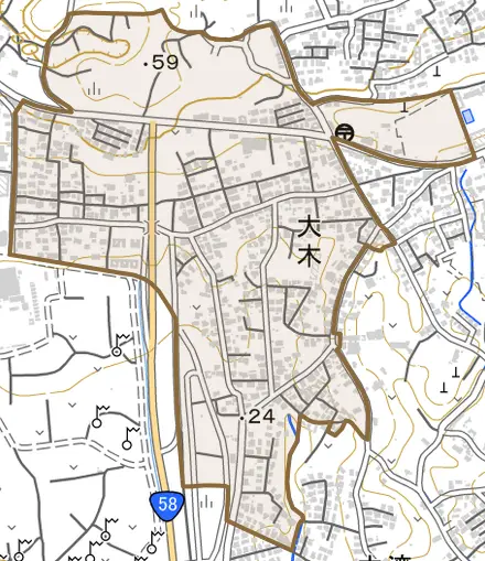 字大木とその周辺の地図。町の範囲を重ねている