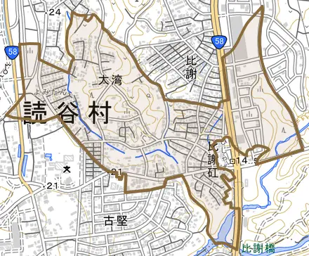 字大湾とその周辺の地図。町の範囲を重ねている