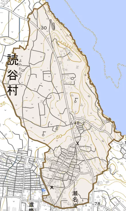 字瀬名波とその周辺の地図。町の範囲を重ねている