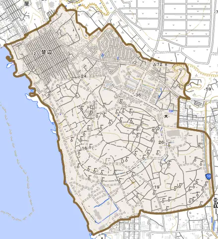 字楚辺とその周辺の地図。町の範囲を重ねている