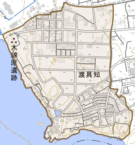 字渡具知とその周辺の地図。町の範囲を重ねている