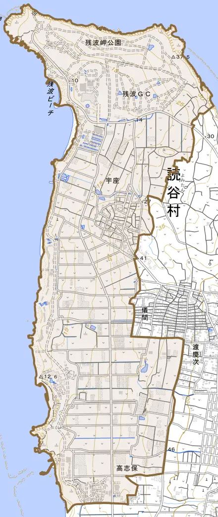 字宇座とその周辺の地図。町の範囲を重ねている