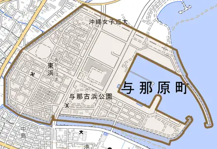 字東浜とその周辺の地図。町の範囲を重ねている