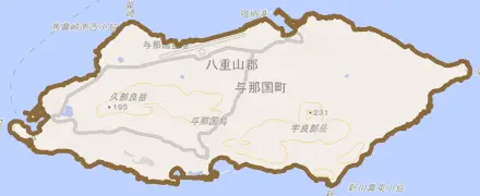 字与那国とその周辺の地図。町の範囲を重ねている