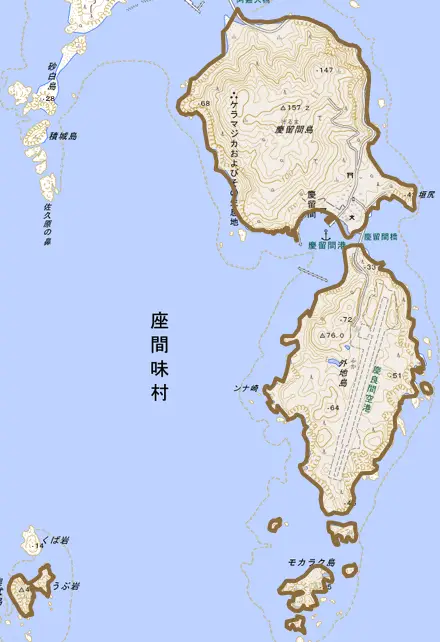 字慶留間とその周辺の地図。町の範囲を重ねている