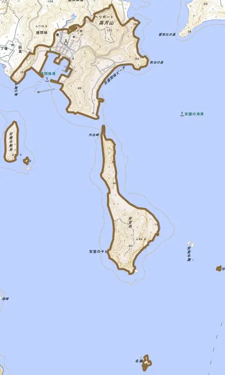 字座間味とその周辺の地図。町の範囲を重ねている