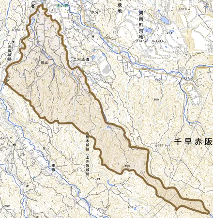 大字桐山とその周辺の地図。町の範囲を重ねている