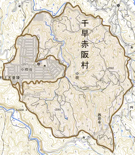 大字小吹とその周辺の地図。町の範囲を重ねている