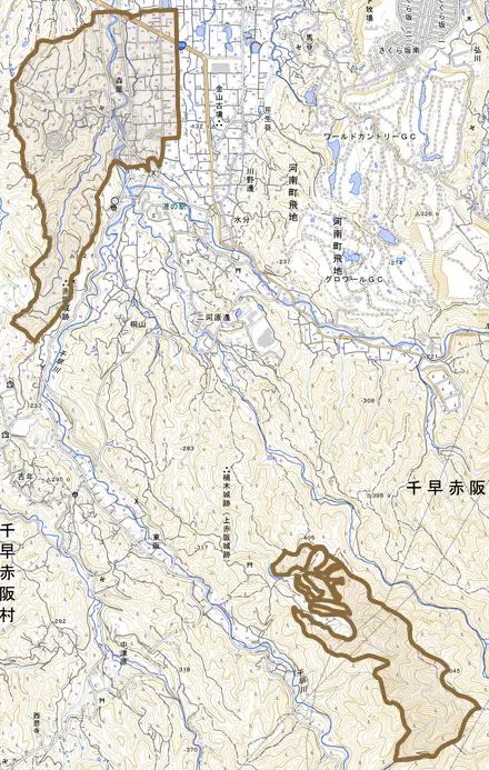 大字森屋とその周辺の地図。町の範囲を重ねている