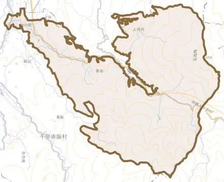 大字水分とその周辺の地図。町の範囲を重ねている