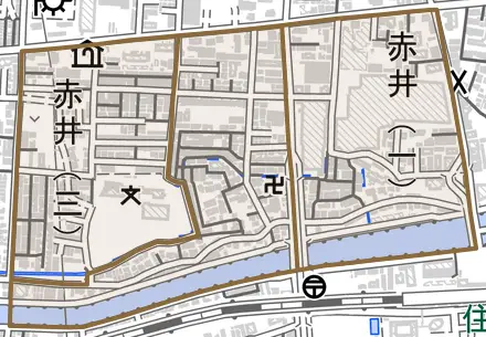 赤井とその周辺の地図。町の範囲を重ねている