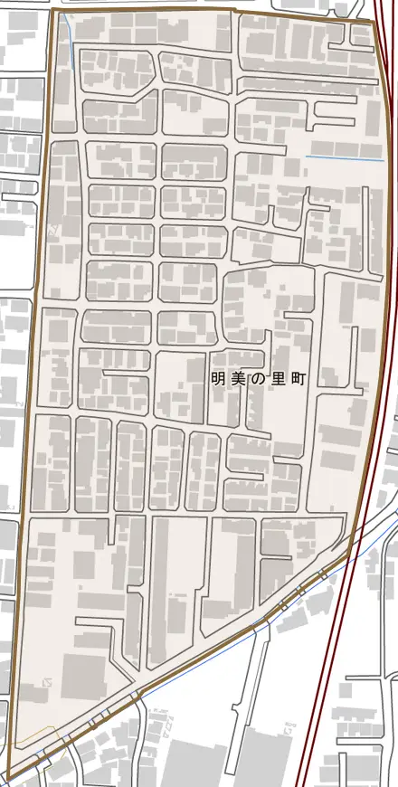 明美の里町とその周辺の地図。町の範囲を重ねている