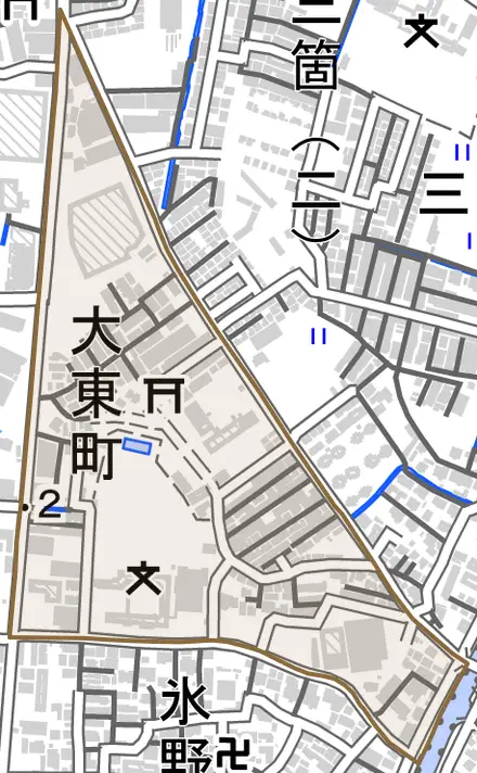 大東町とその周辺の地図。町の範囲を重ねている