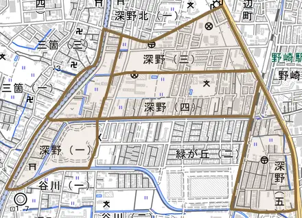 深野とその周辺の地図。町の範囲を重ねている