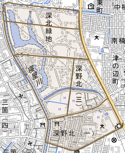 深野北とその周辺の地図。町の範囲を重ねている