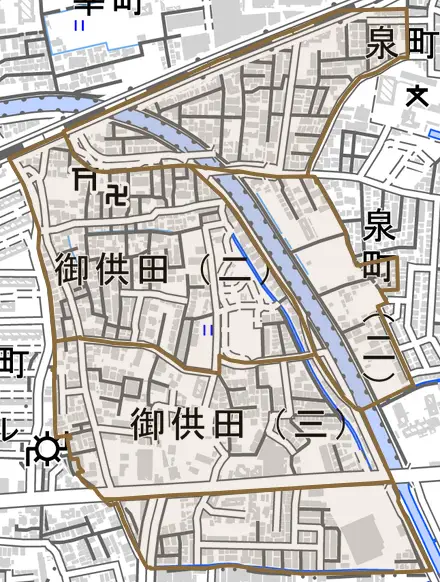 御供田とその周辺の地図。町の範囲を重ねている