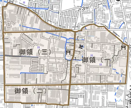 御領とその周辺の地図。町の範囲を重ねている