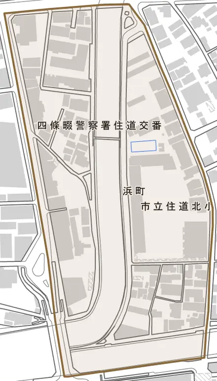 浜町とその周辺の地図。町の範囲を重ねている