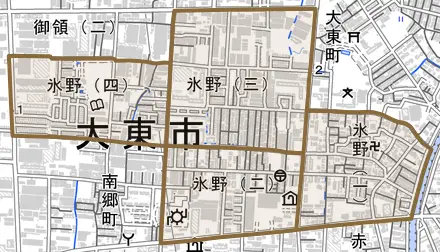 氷野とその周辺の地図。町の範囲を重ねている