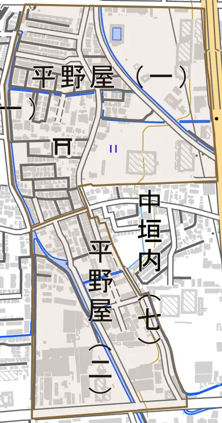 平野屋とその周辺の地図。町の範囲を重ねている