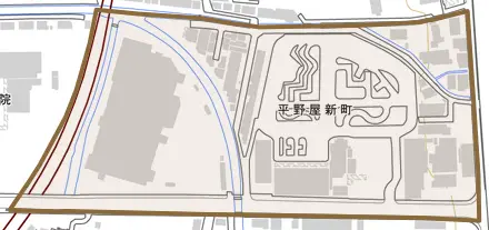 平野屋新町とその周辺の地図。町の範囲を重ねている