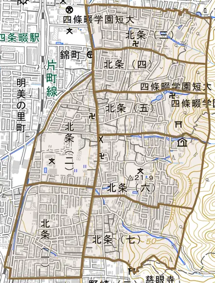 北条とその周辺の地図。町の範囲を重ねている