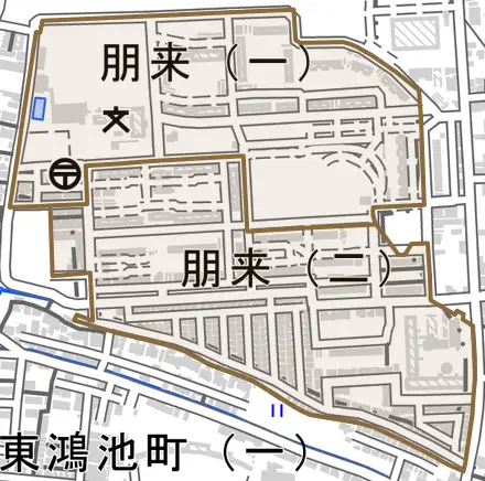 朋来とその周辺の地図。町の範囲を重ねている