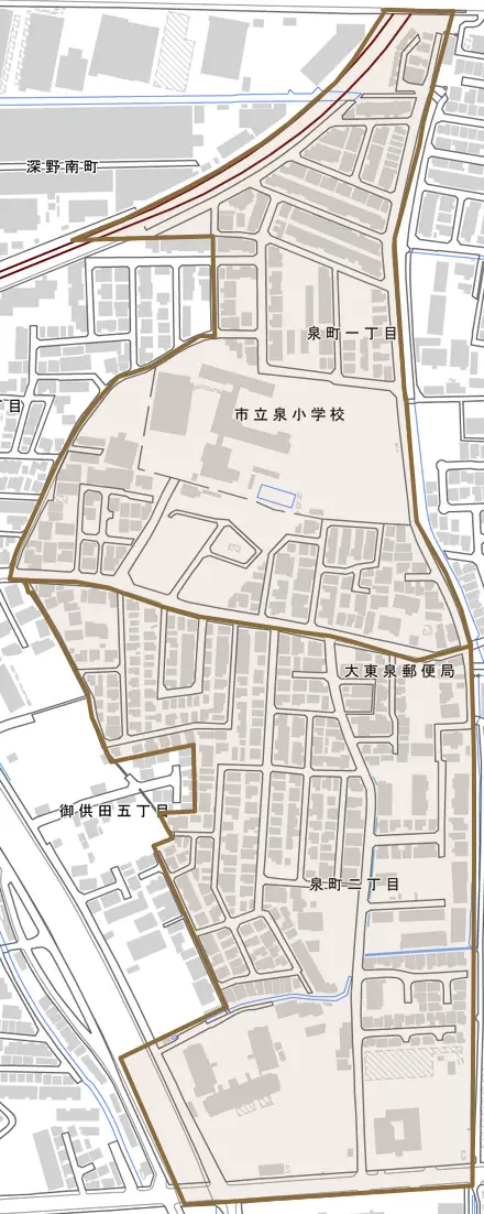 泉町とその周辺の地図。町の範囲を重ねている