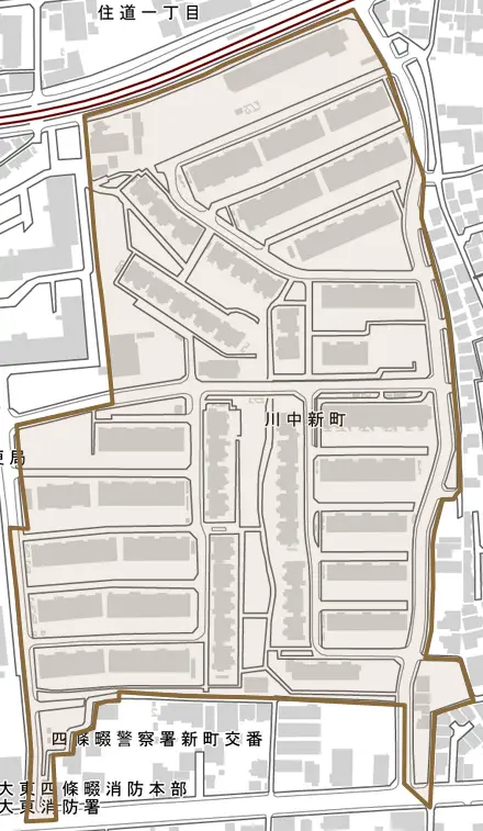 川中新町とその周辺の地図。町の範囲を重ねている