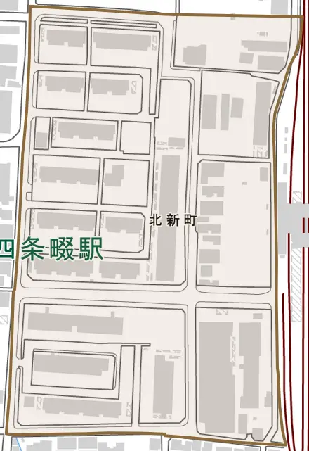 北新町とその周辺の地図。町の範囲を重ねている