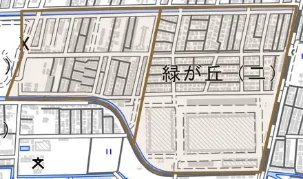 緑が丘とその周辺の地図。町の範囲を重ねている